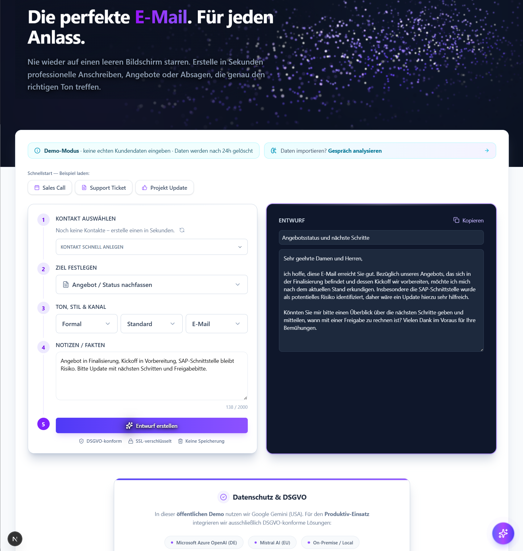 Vorschau des Tools fuer KI-generierte Nachrichten