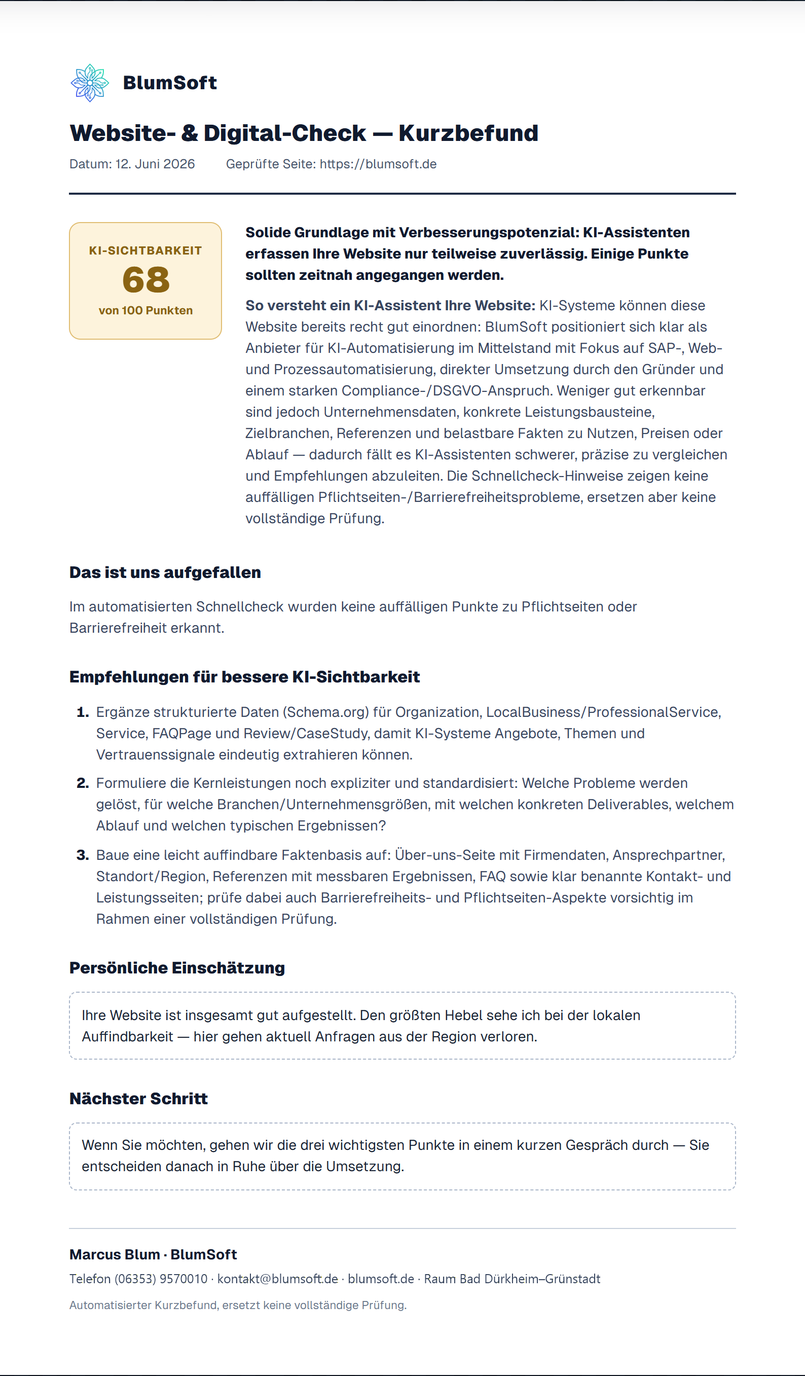 Beispiel-Report: Website- & Digital-Check Kurzbefund, erstellt für blumsoft.de – mit Bewertung, Befunden und Empfehlungen